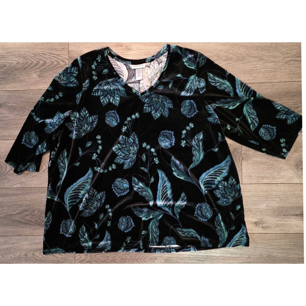 Catherines Womens 2X Top Black Blue Floral Velvet V-Neck Stretch Elbow Sleeve